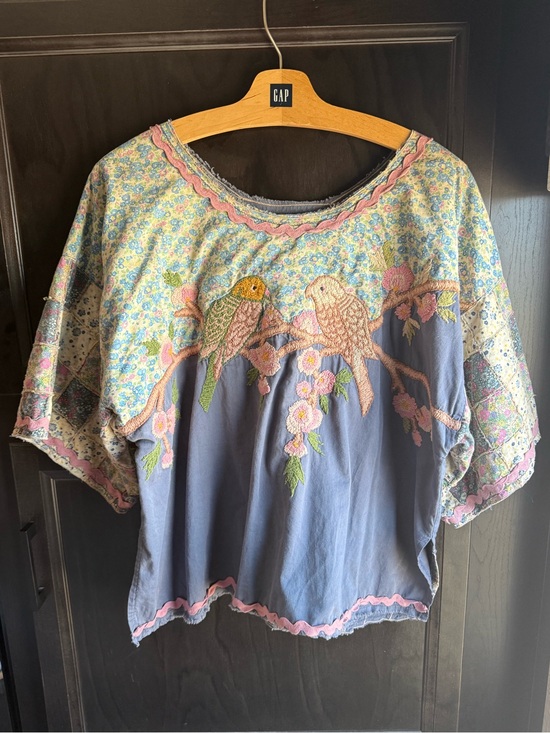 Magnolia Pearl Tops - Magnolia Pearl parakeet Bird Embroidered Patchwork slow fashion Cottage boho OS